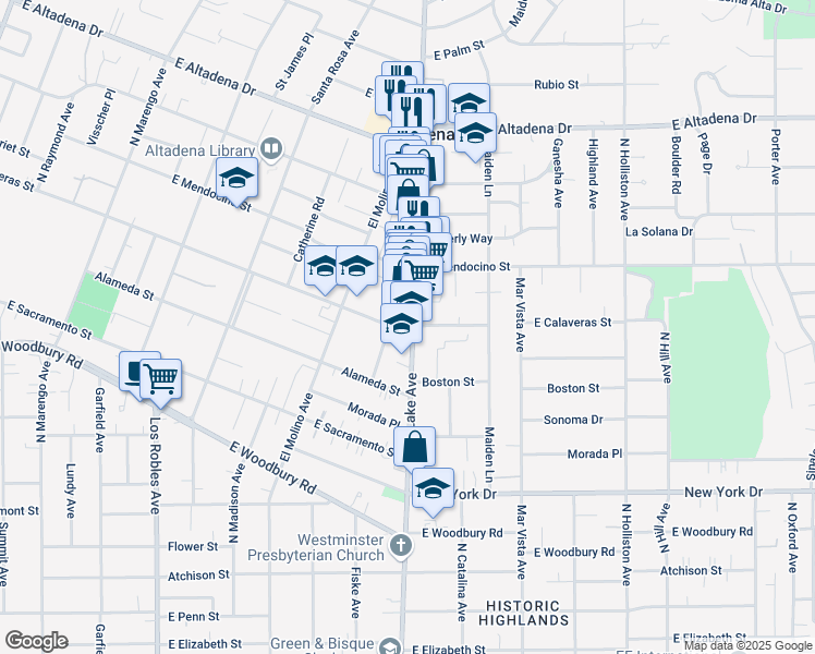map of restaurants, bars, coffee shops, grocery stores, and more near 2210 Crawford Avenue in Altadena