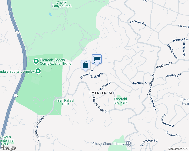map of restaurants, bars, coffee shops, grocery stores, and more near 3115 Chadney Drive in Glendale
