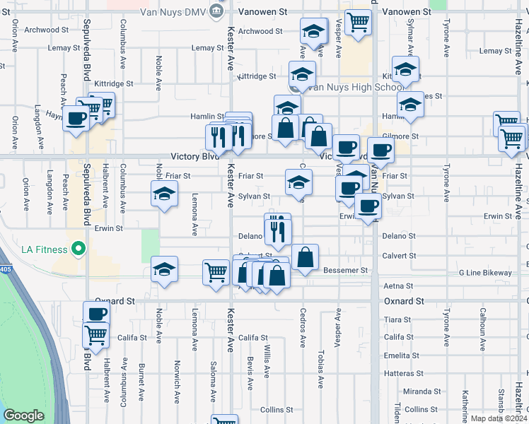 map of restaurants, bars, coffee shops, grocery stores, and more near 14767 Erwin Street in Los Angeles