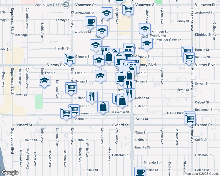map of restaurants, bars, coffee shops, grocery stores, and more near 14629 Erwin Street in Los Angeles