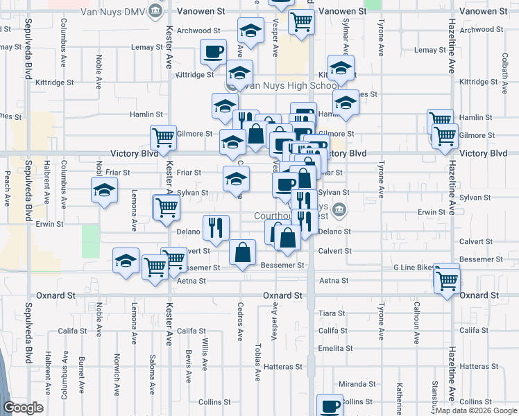 map of restaurants, bars, coffee shops, grocery stores, and more near 14629 Erwin Street in Los Angeles