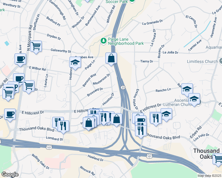 map of restaurants, bars, coffee shops, grocery stores, and more near 883 Vinton Court in Thousand Oaks