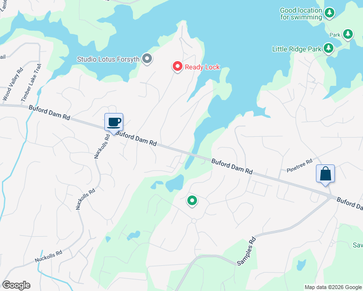 map of restaurants, bars, coffee shops, grocery stores, and more near 1925 Buford Dam Road in Cumming