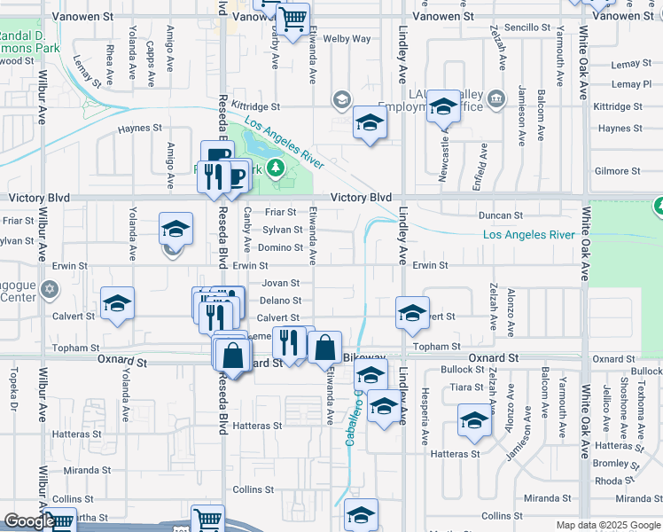 map of restaurants, bars, coffee shops, grocery stores, and more near Nestle Avenue in Los Angeles
