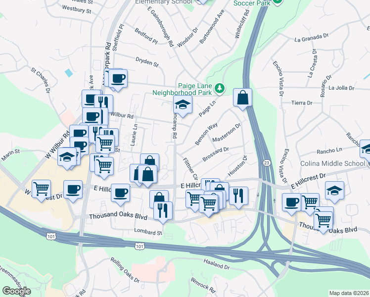 map of restaurants, bars, coffee shops, grocery stores, and more near 531 Benson Way in Thousand Oaks