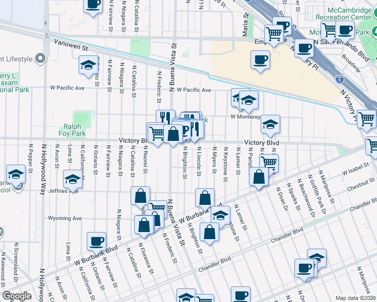 map of restaurants, bars, coffee shops, grocery stores, and more near 2 North Brighton Street in Burbank