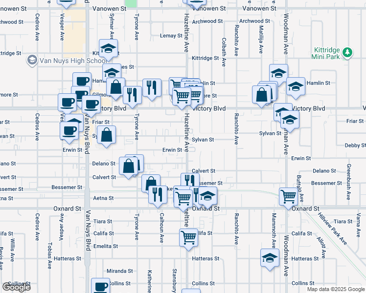 map of restaurants, bars, coffee shops, grocery stores, and more near 14102 Erwin Street in Los Angeles