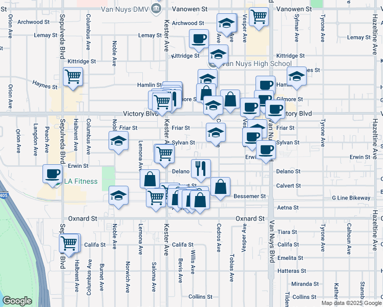 map of restaurants, bars, coffee shops, grocery stores, and more near 14767 Erwin Street in Los Angeles