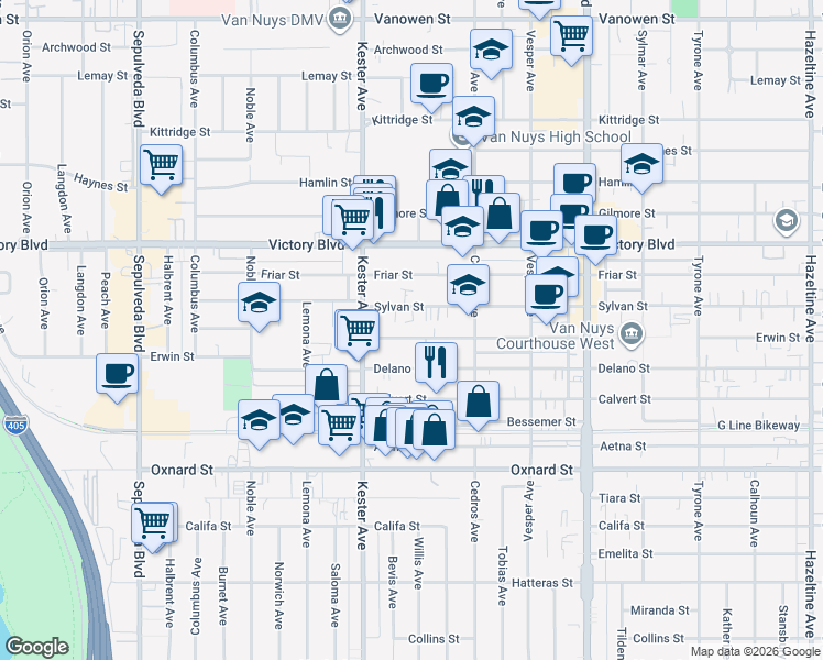 map of restaurants, bars, coffee shops, grocery stores, and more near 14805 Erwin Street in Los Angeles