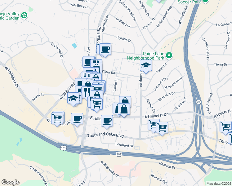 map of restaurants, bars, coffee shops, grocery stores, and more near 480 Laurie Lane in Thousand Oaks