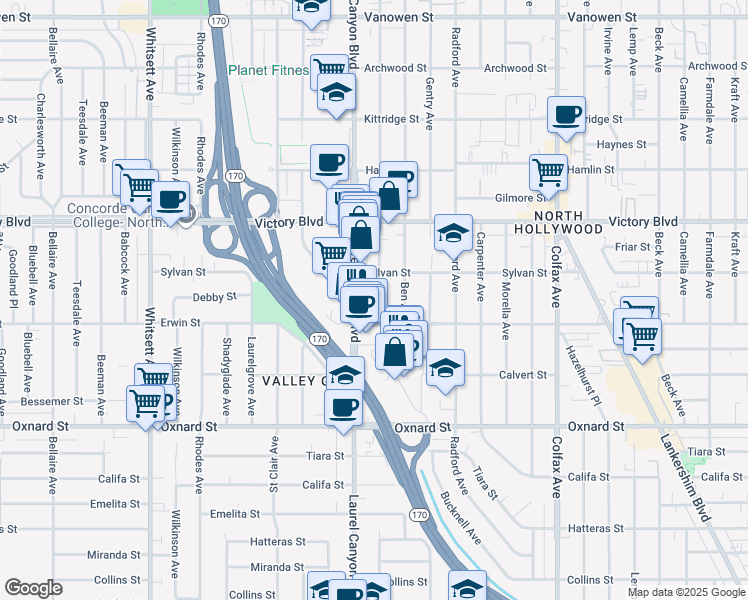 map of restaurants, bars, coffee shops, grocery stores, and more near 6229 Agnes Avenue in Los Angeles