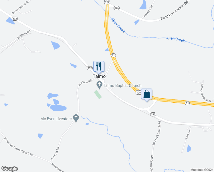 map of restaurants, bars, coffee shops, grocery stores, and more near 448 Main Street in Talmo