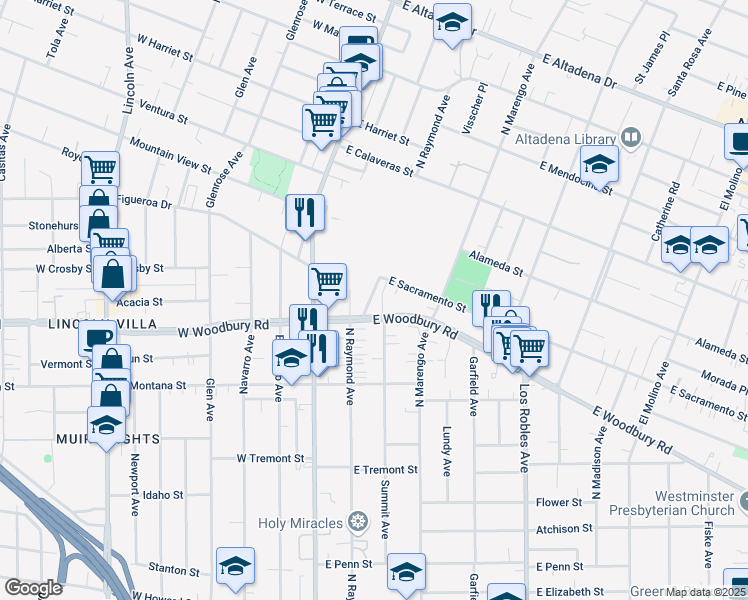 map of restaurants, bars, coffee shops, grocery stores, and more near 147 East Woodbury Road in Altadena