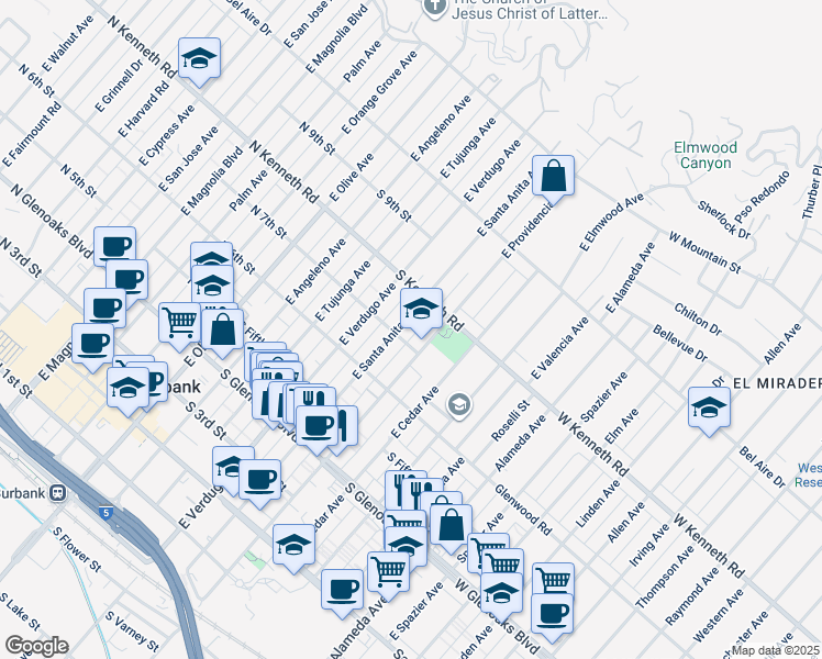 map of restaurants, bars, coffee shops, grocery stores, and more near 711 East Providencia Avenue in Burbank