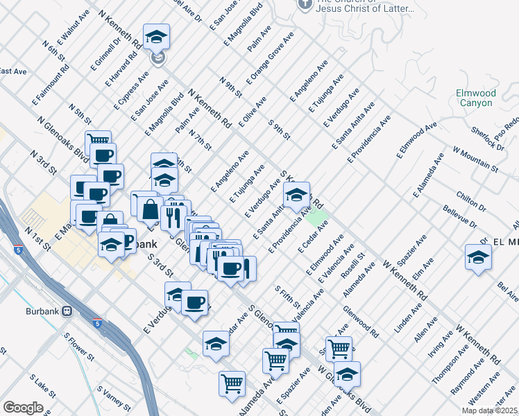map of restaurants, bars, coffee shops, grocery stores, and more near 602 East Verdugo Avenue in Burbank