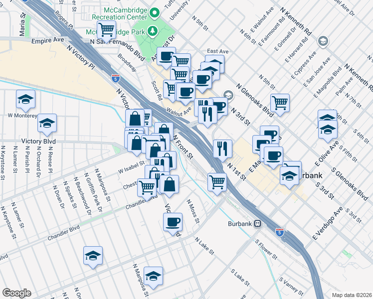 map of restaurants, bars, coffee shops, grocery stores, and more near 101-235 S Front St in Burbank