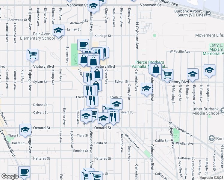 map of restaurants, bars, coffee shops, grocery stores, and more near 6212 Cleon Avenue in Los Angeles