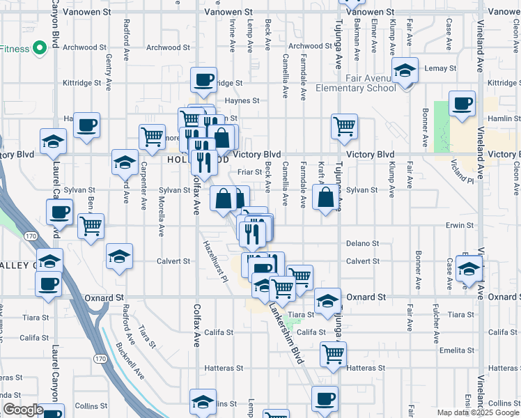 map of restaurants, bars, coffee shops, grocery stores, and more near 11565 Erwin Street in Los Angeles