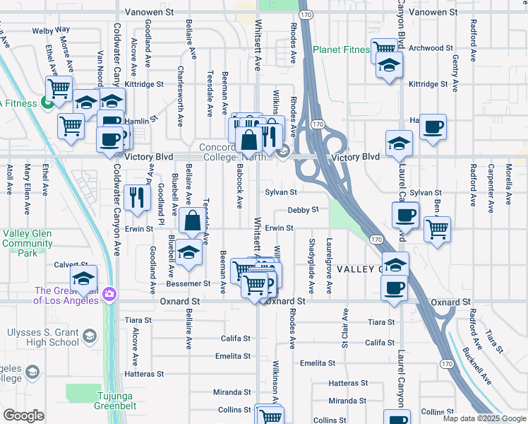 map of restaurants, bars, coffee shops, grocery stores, and more near 6213 Whitsett Avenue in Los Angeles