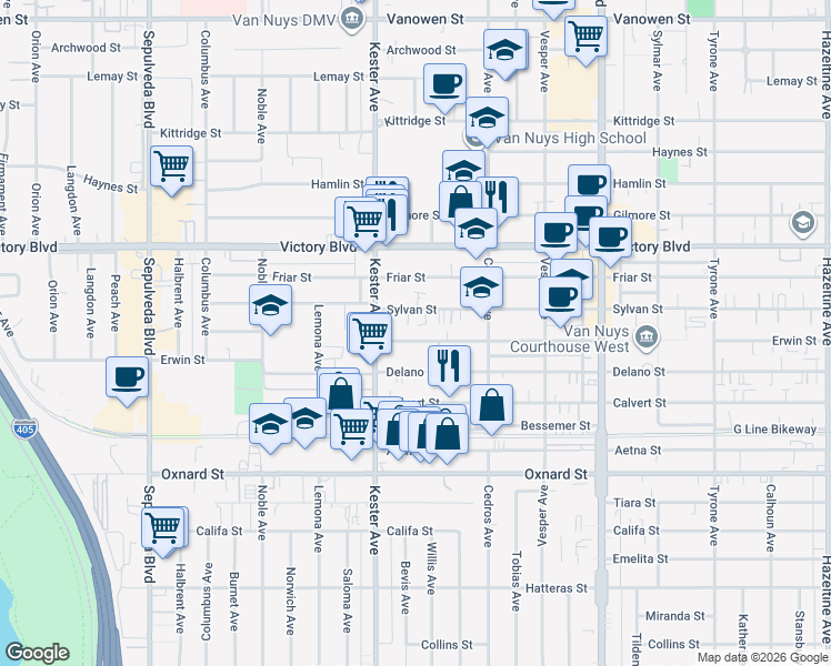 map of restaurants, bars, coffee shops, grocery stores, and more near 14828 Erwin Street in Los Angeles