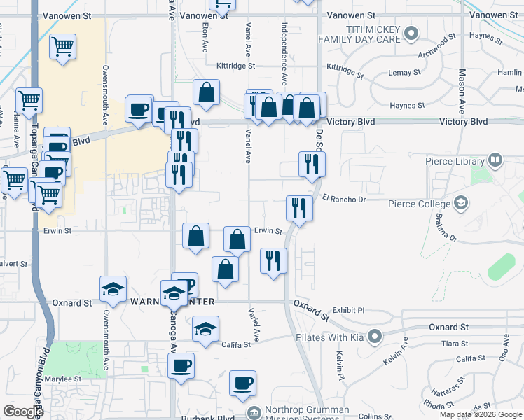 map of restaurants, bars, coffee shops, grocery stores, and more near 21021 Erwin Street in Los Angeles