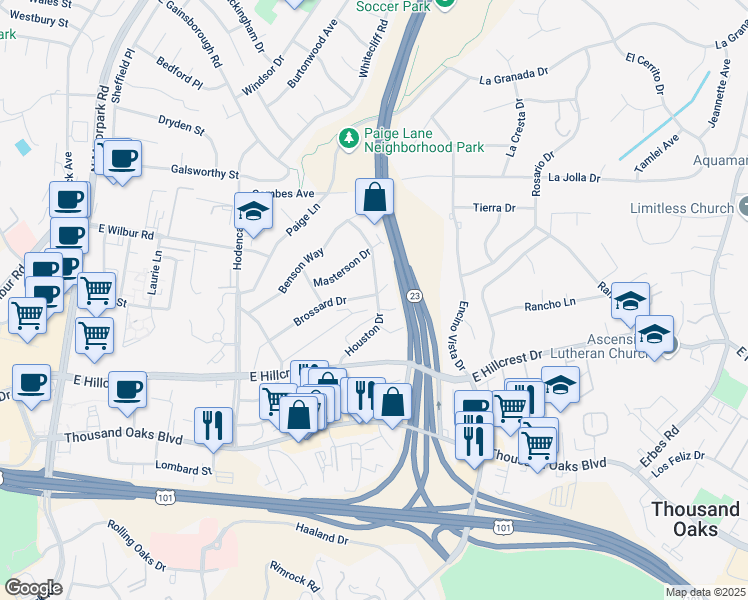 map of restaurants, bars, coffee shops, grocery stores, and more near 883 Vinton Court in Thousand Oaks
