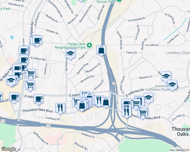 map of restaurants, bars, coffee shops, grocery stores, and more near 883 Vinton Court in Thousand Oaks