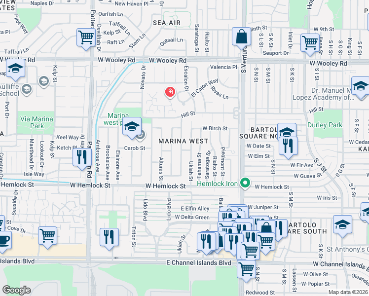 map of restaurants, bars, coffee shops, grocery stores, and more near 1611 Visalia Street in Oxnard