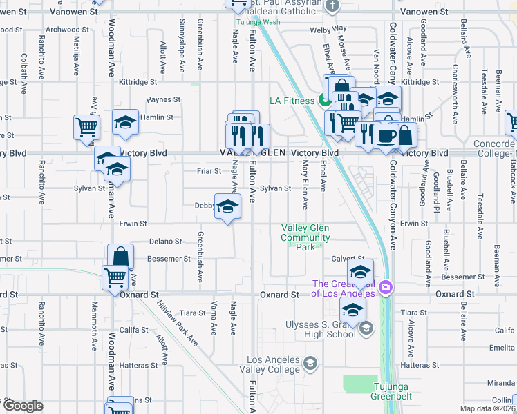 map of restaurants, bars, coffee shops, grocery stores, and more near 6228 Fulton Avenue in Los Angeles