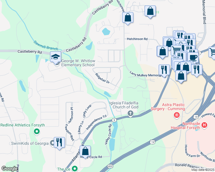 map of restaurants, bars, coffee shops, grocery stores, and more near 3555 Ridgefair Drive in Cumming