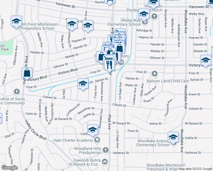 map of restaurants, bars, coffee shops, grocery stores, and more near 6229 Platt Avenue in Los Angeles