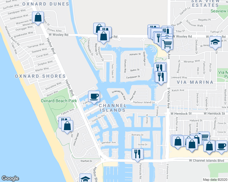 map of restaurants, bars, coffee shops, grocery stores, and more near 1722 Emerald Isle Way in Oxnard