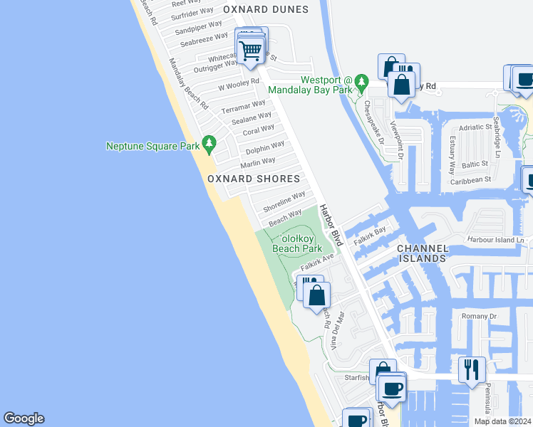 map of restaurants, bars, coffee shops, grocery stores, and more near 5005 Oceanaire Street in Oxnard