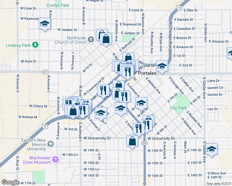 map of restaurants, bars, coffee shops, grocery stores, and more near 217 South Avenue C in Portales
