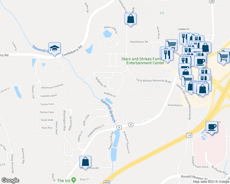 map of restaurants, bars, coffee shops, grocery stores, and more near 4630 Ridgefair Drive in Cumming