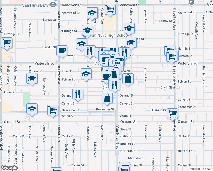 map of restaurants, bars, coffee shops, grocery stores, and more near 14539 Erwin Street in Los Angeles