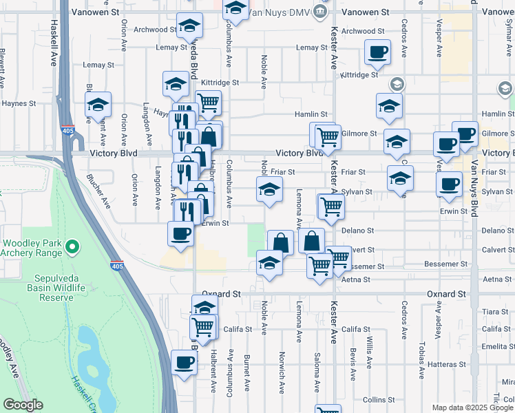 map of restaurants, bars, coffee shops, grocery stores, and more near 15148 Domino Street in Los Angeles