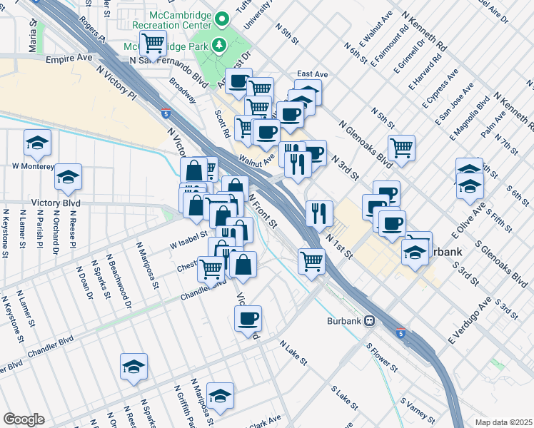 map of restaurants, bars, coffee shops, grocery stores, and more near 800 North Front Street in Burbank