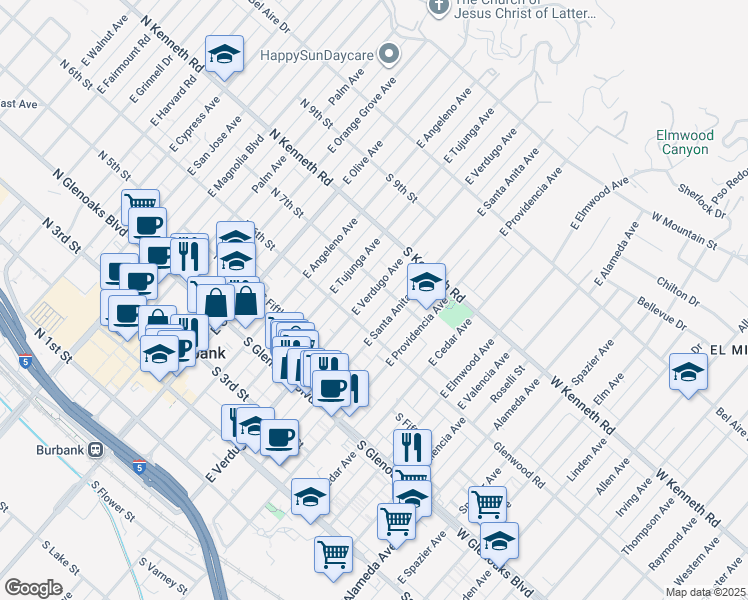 map of restaurants, bars, coffee shops, grocery stores, and more near 602 East Verdugo Avenue in Burbank