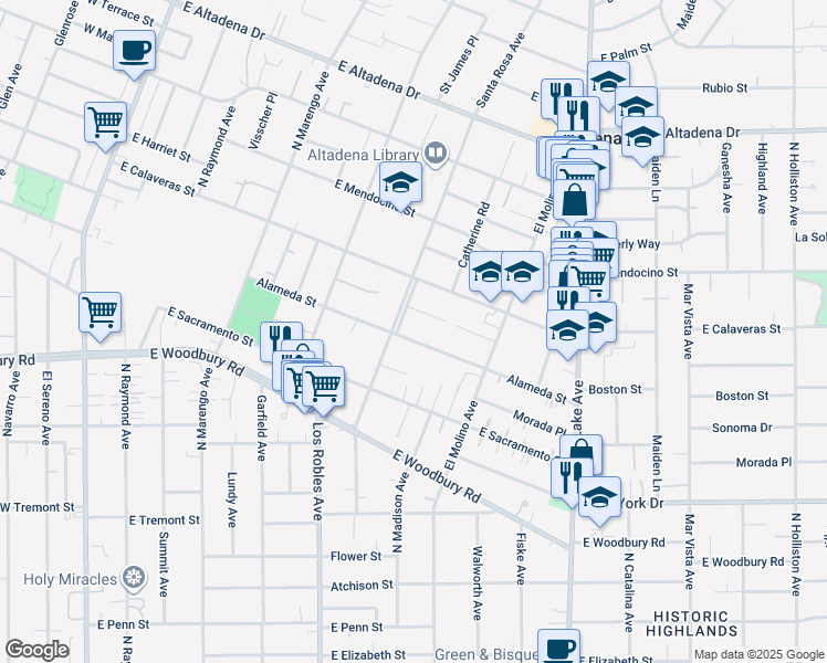 map of restaurants, bars, coffee shops, grocery stores, and more near 591 Alameda Street in Altadena