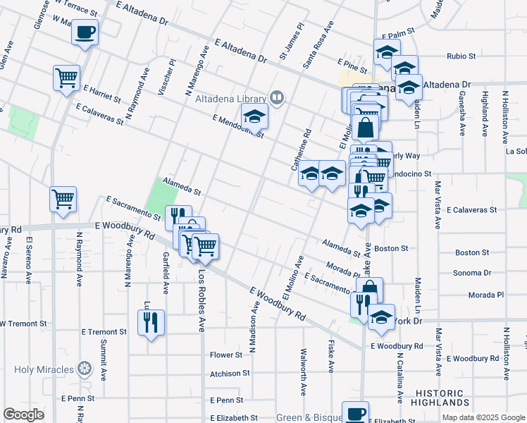 map of restaurants, bars, coffee shops, grocery stores, and more near 591 Alameda Street in Altadena