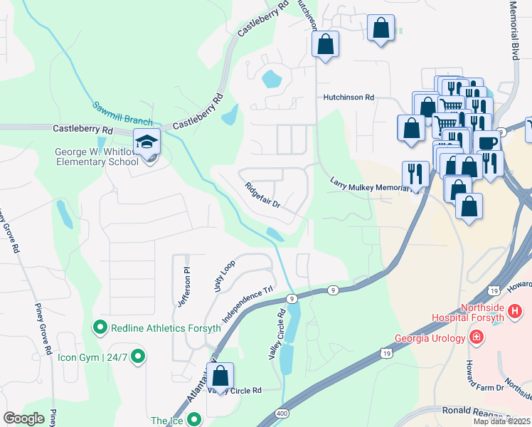 map of restaurants, bars, coffee shops, grocery stores, and more near 3515 Ridgefair Drive in Cumming