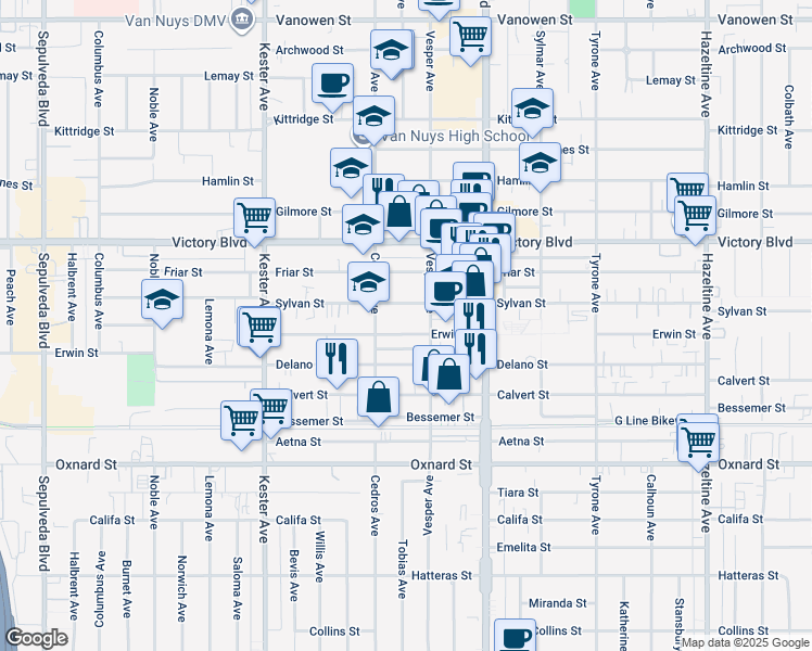 map of restaurants, bars, coffee shops, grocery stores, and more near 14632 Erwin Street in Los Angeles