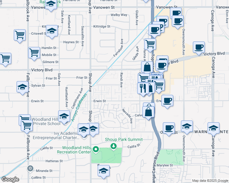 map of restaurants, bars, coffee shops, grocery stores, and more near 22237 Erwin Street in Los Angeles