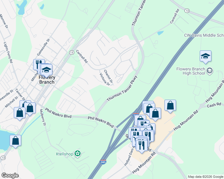 map of restaurants, bars, coffee shops, grocery stores, and more near 4774 Chariot Drive in Flowery Branch
