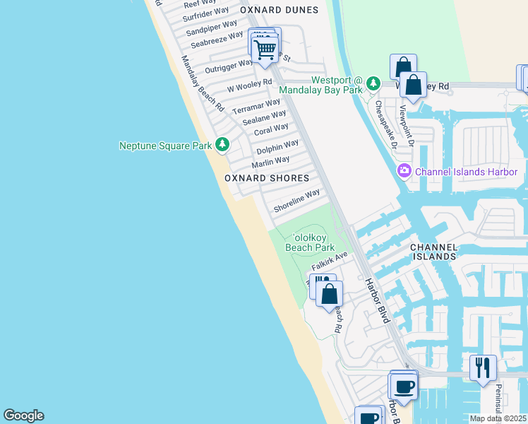 map of restaurants, bars, coffee shops, grocery stores, and more near 1571 Mandalay Beach Road in Oxnard