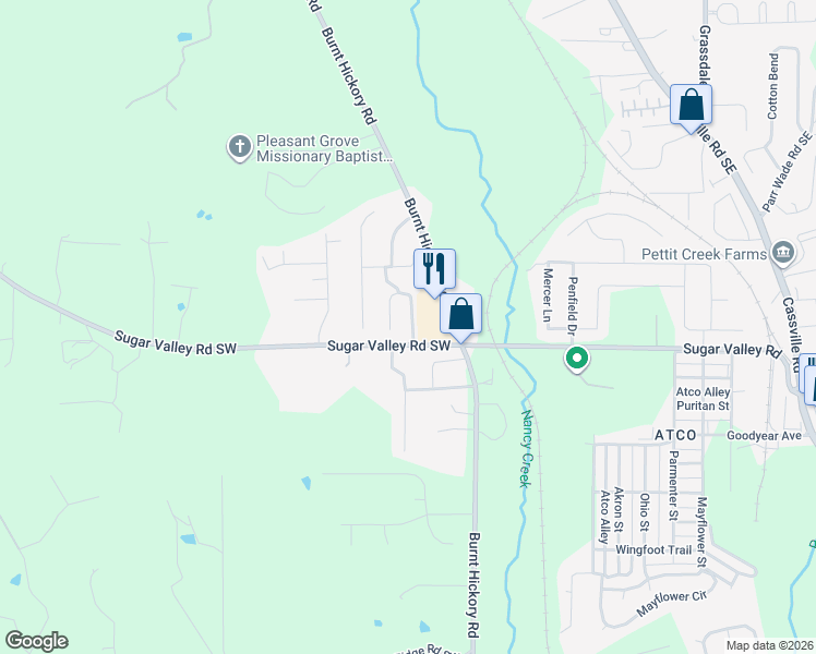 map of restaurants, bars, coffee shops, grocery stores, and more near 12 Oakbrook Drive in Cartersville