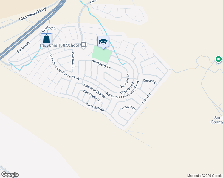 map of restaurants, bars, coffee shops, grocery stores, and more near 3866 Obsidian Road in San Bernardino