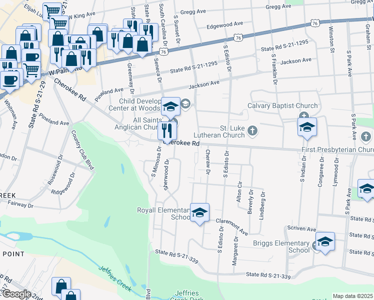 map of restaurants, bars, coffee shops, grocery stores, and more near 1402 Cherokee Road in Florence