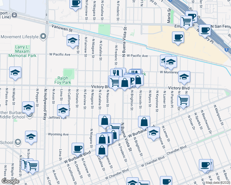 map of restaurants, bars, coffee shops, grocery stores, and more near 2600 West Victory Boulevard in Burbank